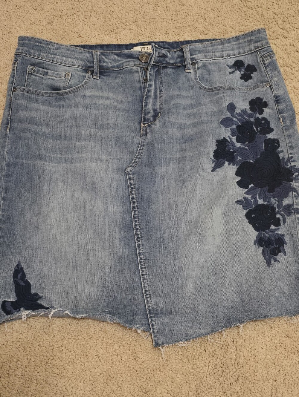 Vintage America Light Blue Denim Mini Skirt with Navy Floral Embroidery